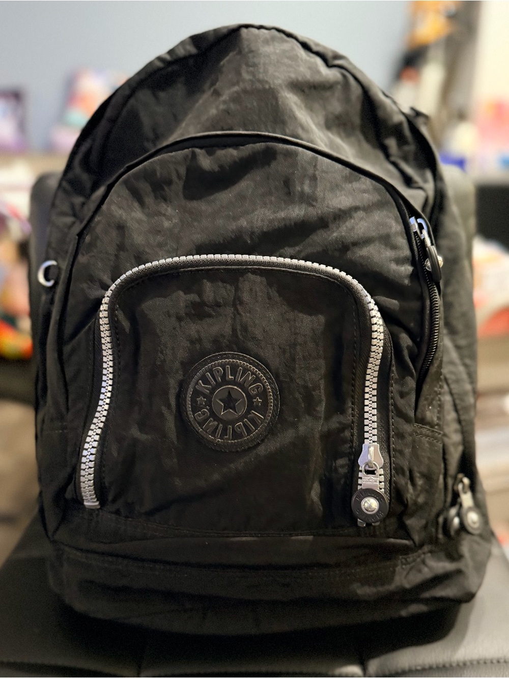 Kipling Black Nylon Backpack with Silver Zipper Detail